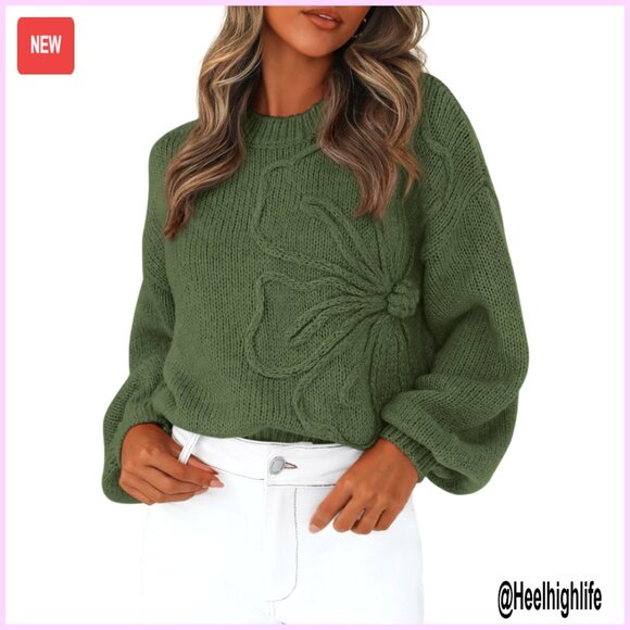 Floral Knit Pullover Sweater Crewneck Long Sleeve Oversized Fit Polyester